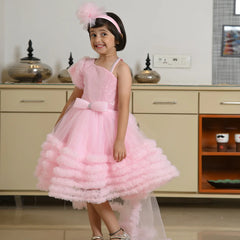 Knee-length pink birthday frock with detachable cape, top-rated kidswear shop Jaipur