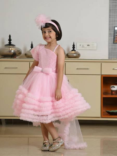 Knee-length pink birthday frock with detachable cape, top-rated kidswear shop Jaipur