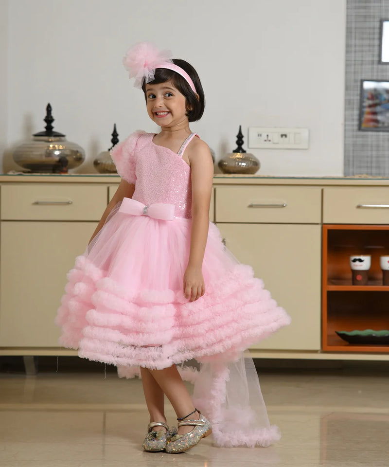 Knee-length pink birthday frock with detachable cape, top-rated kidswear shop Jaipur
