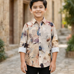 Boys Cream Printed Shirt For Party