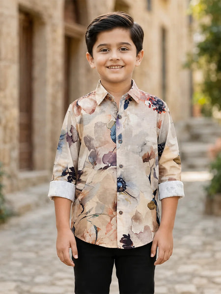 Boys Cream Printed Shirt For Party