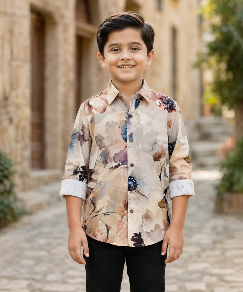 Boys Cream Printed Shirt For Party
