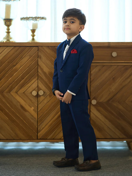 Boys partywear navy blue tuxedo with self-striped accents Jaipur