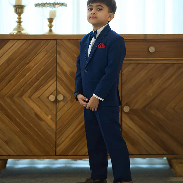 Boys partywear navy blue tuxedo with self-striped accents Jaipur
