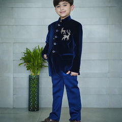 Designer wedding suit for kids, navy velvet bandhgala, Jaipur