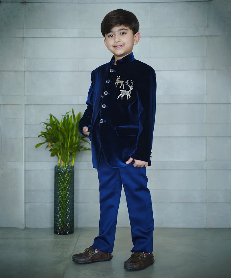 Designer wedding suit for kids, navy velvet bandhgala, Jaipur