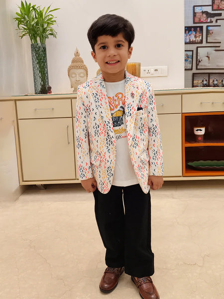 Modern White printed Boys Blazer for Kids – Jaipur Fashion Edit