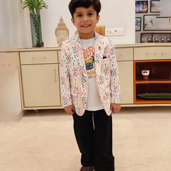 Modern White printed Boys Blazer for Kids – Jaipur Fashion Edit