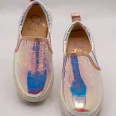 Girls' holographic slip-on sneakers with scale texture and rose gold trim, Jaipur, ages 1–8 years

