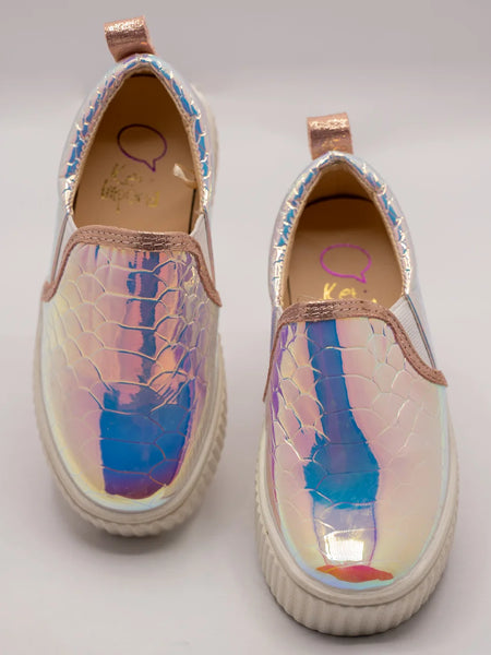 Girls' holographic slip-on sneakers with scale texture and rose gold trim, Jaipur, ages 1–8 years

