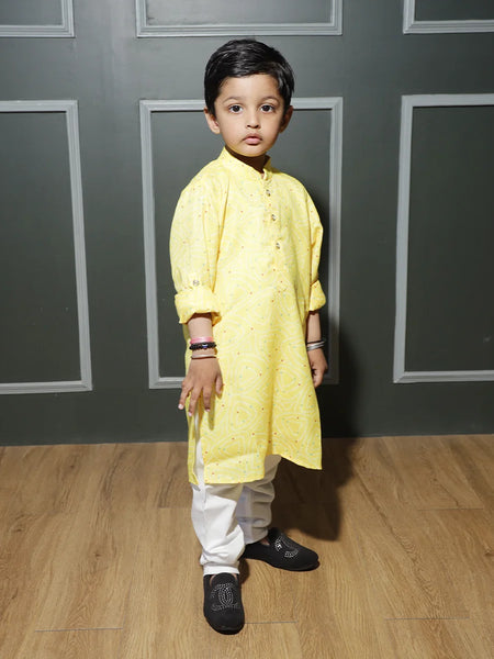 Kids elastic waist pyjama and yellow kurta set, best children clothing Jaipur