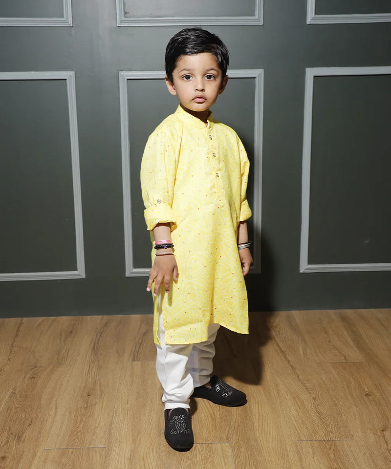 Kids elastic waist pyjama and yellow kurta set, best children clothing Jaipur