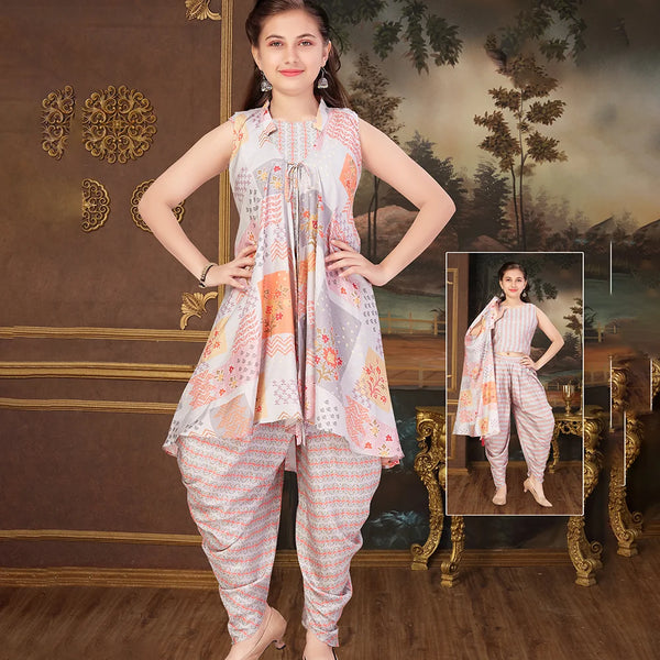 Trendy girls dhoti crop top set, pastel print, comfortable for festive occasions in Jaipur