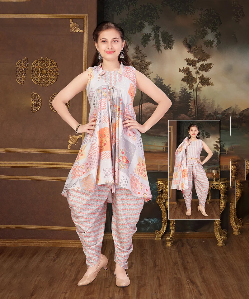 Trendy girls dhoti crop top set, pastel print, comfortable for festive occasions in Jaipur