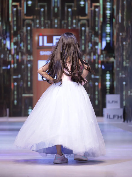 Soft net children’s gown, pink bow and blue skirt, Jaipur party dress