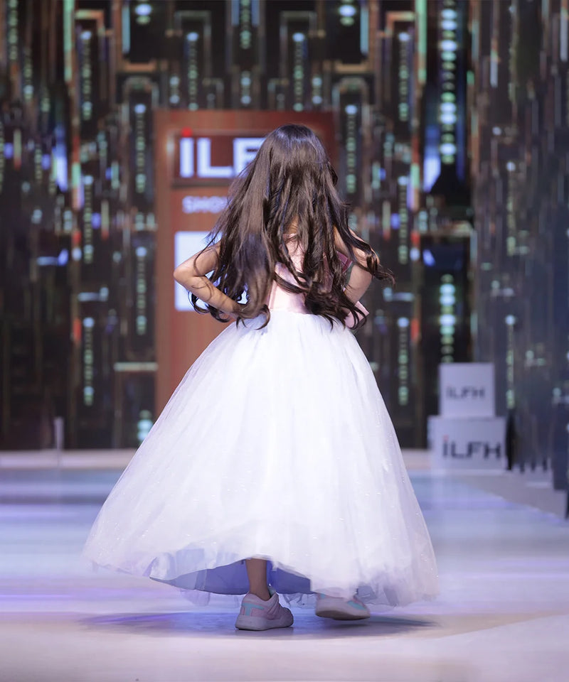 Soft net children’s gown, pink bow and blue skirt, Jaipur party dress