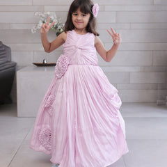 Beautiful pink party wear gown for kids, fabric belt, Jaipur kidswear showroom