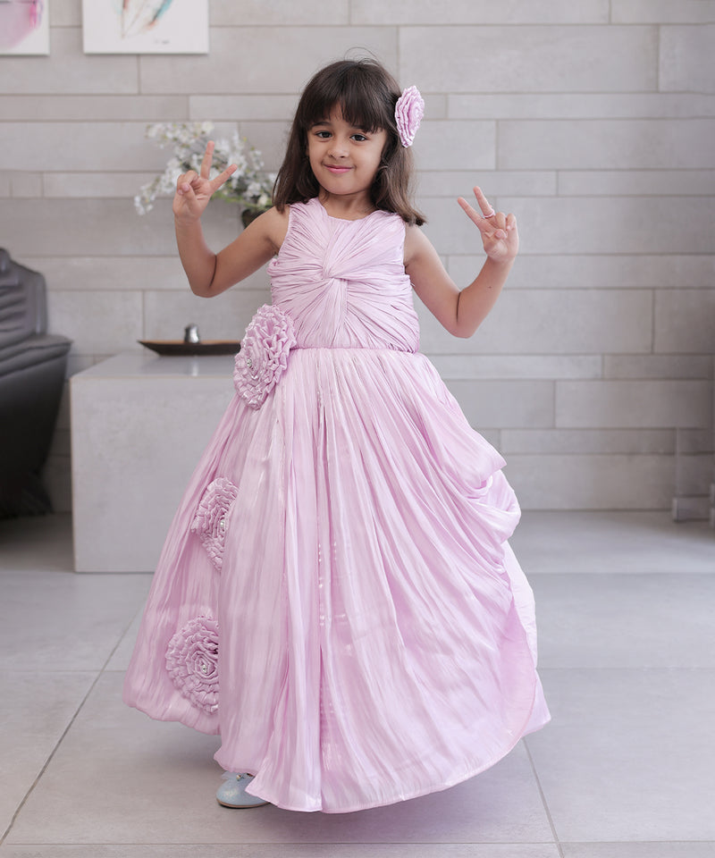 Beautiful pink party wear gown for kids, fabric belt, Jaipur kidswear showroom