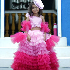 Readymade shaded pink lehenga for kids in Jaipur with price, ruffled skirt and dupatta