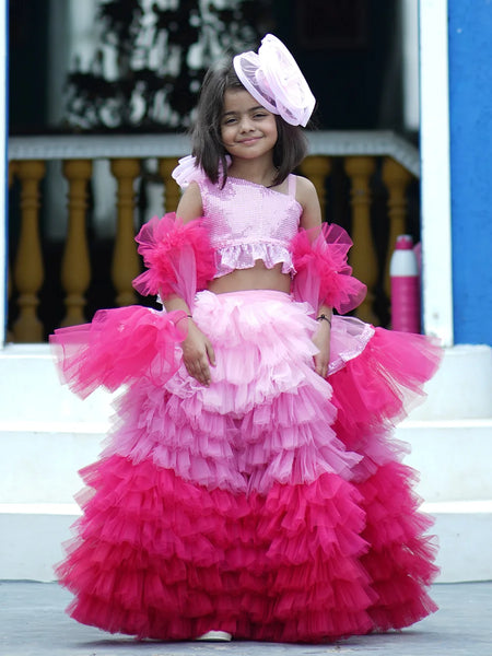 Readymade shaded pink lehenga for kids in Jaipur with price, ruffled skirt and dupatta