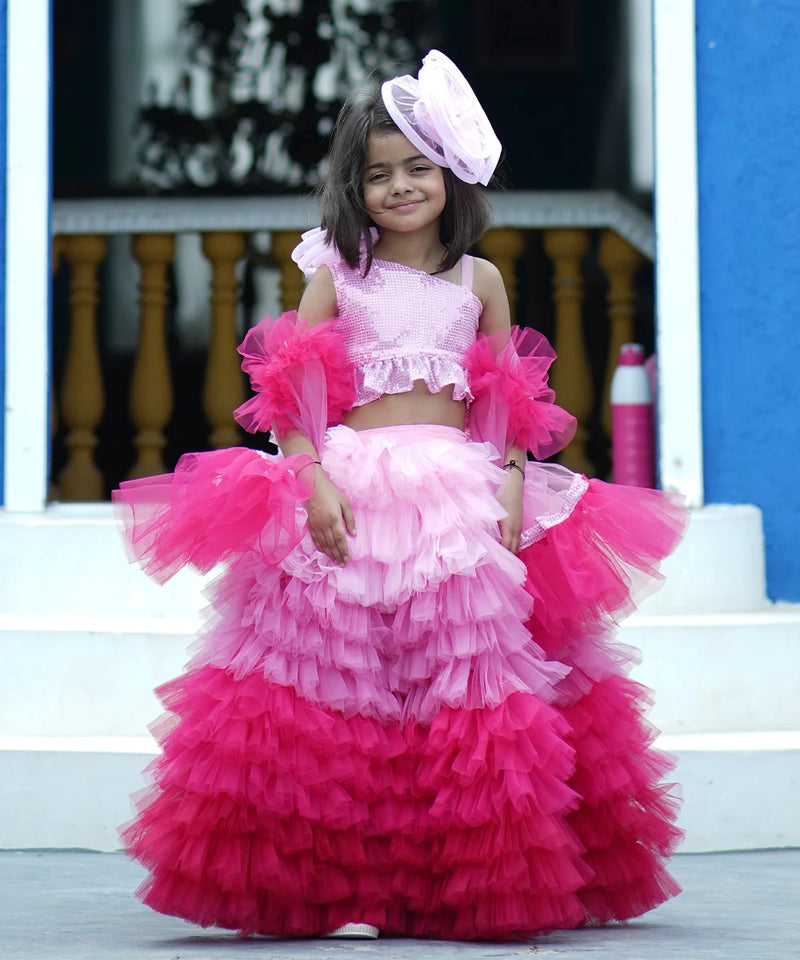 Readymade shaded pink lehenga for kids in Jaipur with price, ruffled skirt and dupatta