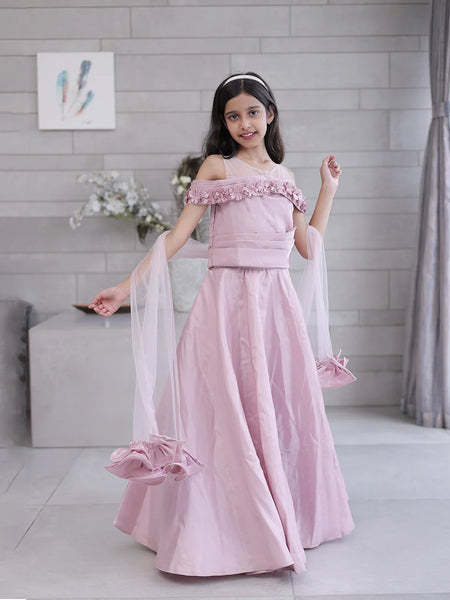 Designer wedding lehenga for kids in Jaipur, off-shoulder style with sheer dupatta