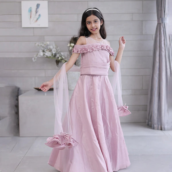 Designer wedding lehenga for kids in Jaipur, off-shoulder style with sheer dupatta