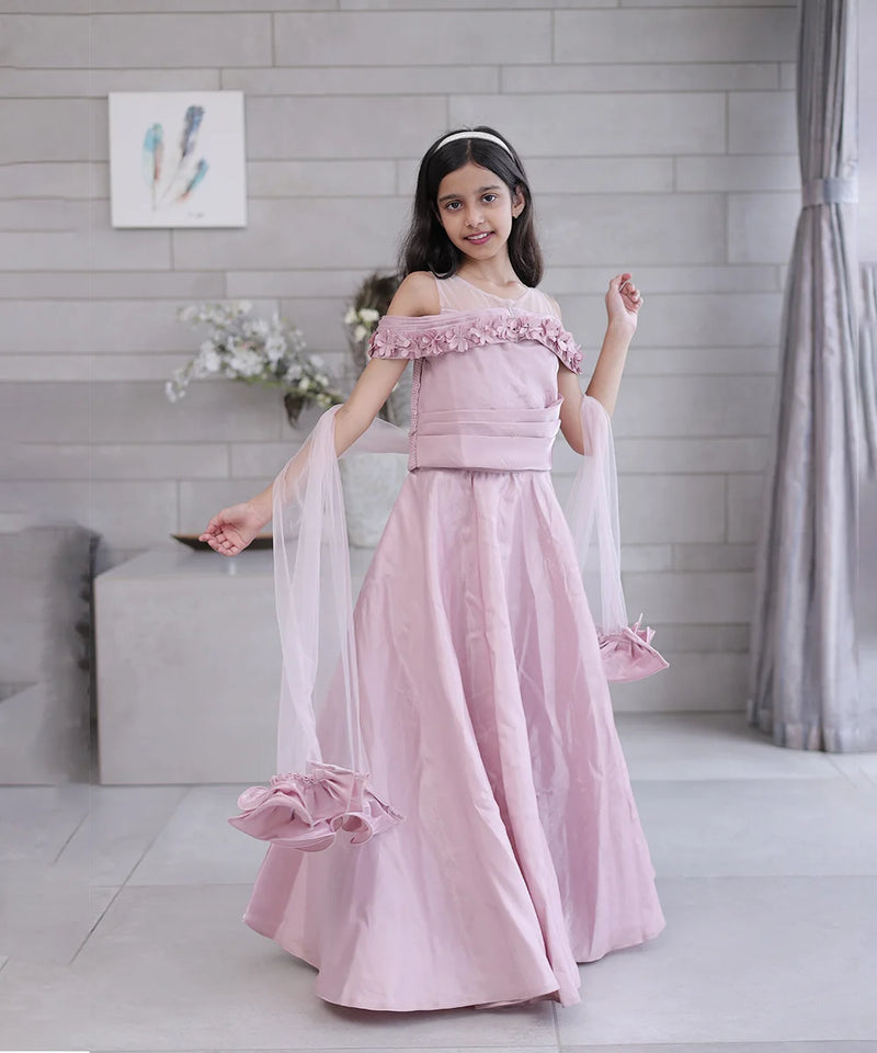 Designer wedding lehenga for kids in Jaipur, off-shoulder style with sheer dupatta