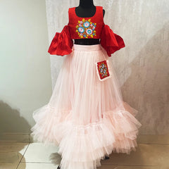 Jaipuri lehenga for girls, layered net skirt and hand embroidery, ideal for weddings