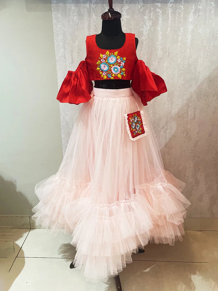 Jaipuri lehenga for girls, layered net skirt and hand embroidery, ideal for weddings