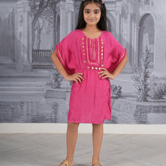 Pink kaftan dress for girls, rani color, gold embellishments, party wear Jaipur