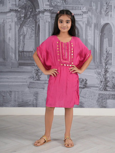 Pink kaftan dress for girls, rani color, gold embellishments, party wear Jaipur