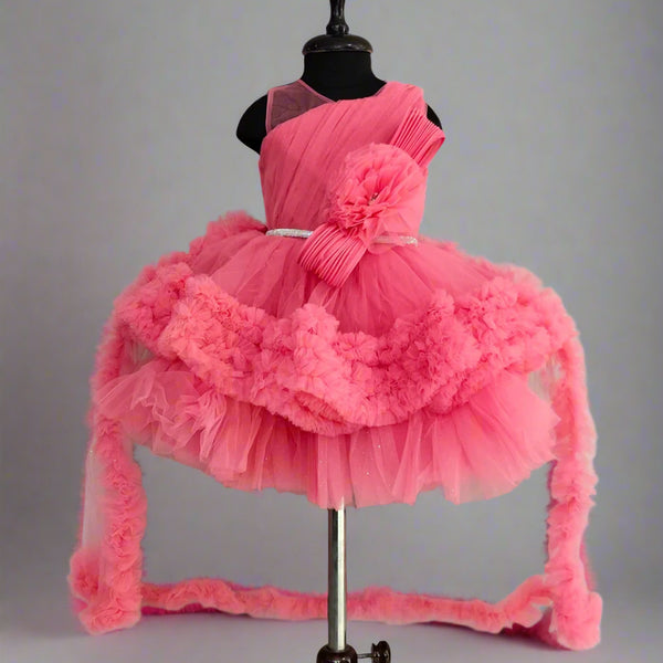 Best peach frock for girls, high-low ruffle hem, perfect for birthdays and celebrations