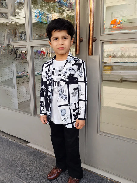 Black and White Colored Self-Printed Blazer Set for Boys