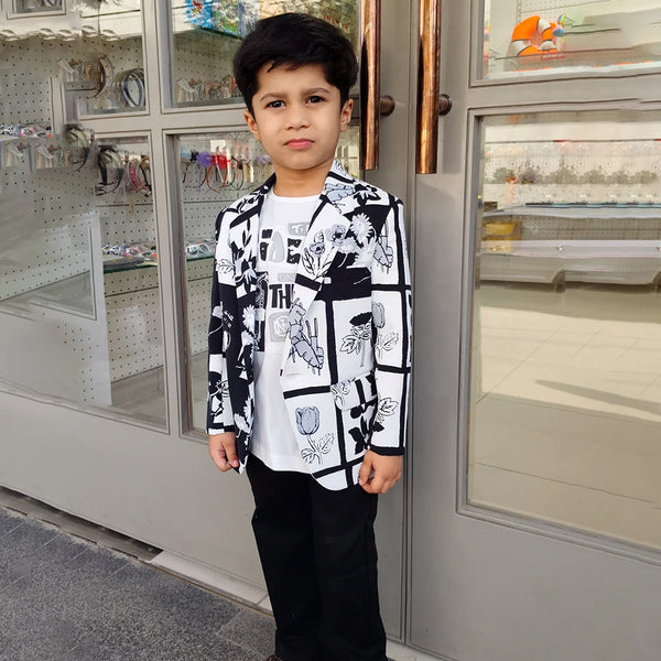 Black and White Colored Self-Printed Blazer Set for Boys