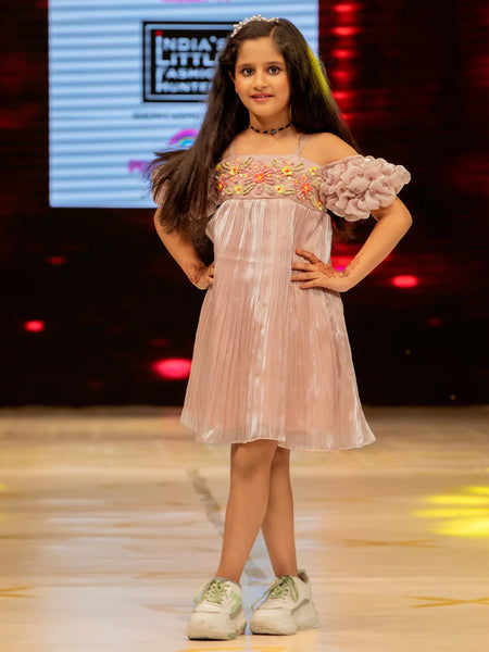 Best pleated party dress for girls, onion pink, strappy neck, designer floral detailing