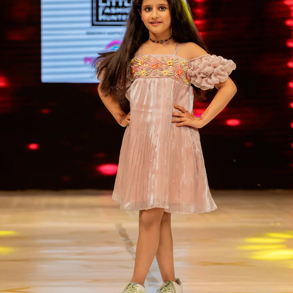 Best pleated party dress for girls, onion pink, strappy neck, designer floral detailing