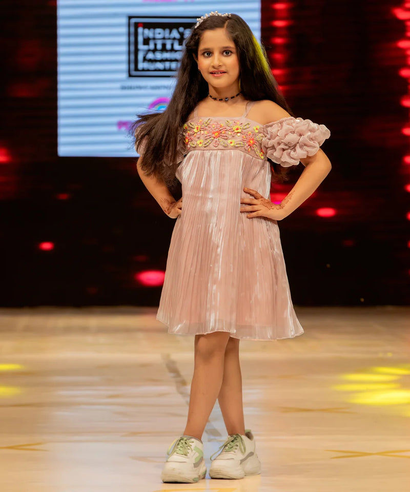 Best pleated party dress for girls, onion pink, strappy neck, designer floral detailing
