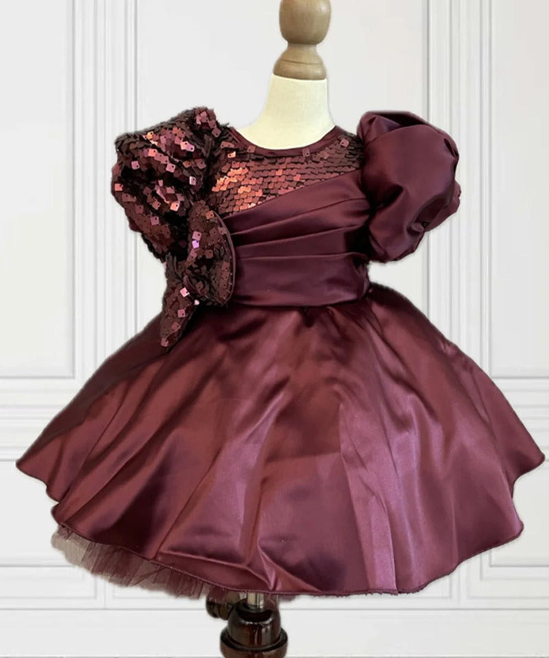 Best shimmer party frock for baby girls, maroon sequin, stylish and comfortable