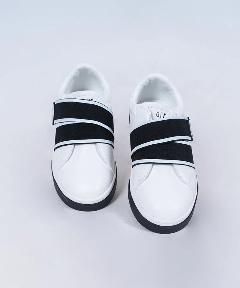 Kids' modern white and black sneakers featuring bold straps and cushioned sole, Jaipur