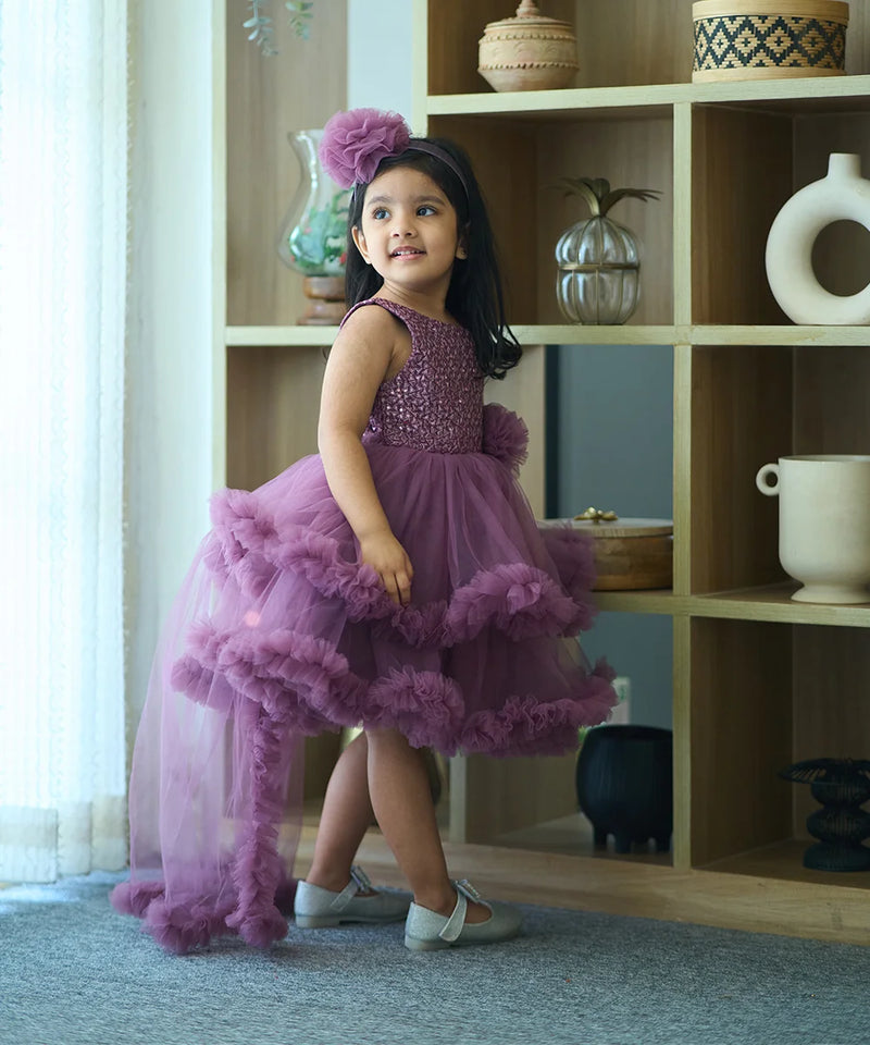 Best wine frock for girls with cape, floral embellishments, ages 2–14