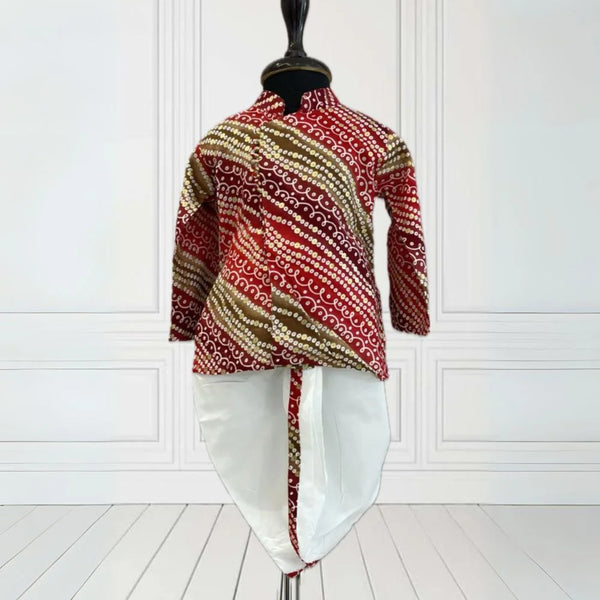 It is a multi-coloured Bhandej print boys' kurta set with a matching white dhoti. Dhoti comes with an elasticated waist and a tie-string belt.