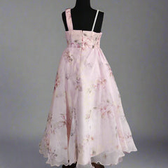 back view of pink floral gown for girls 