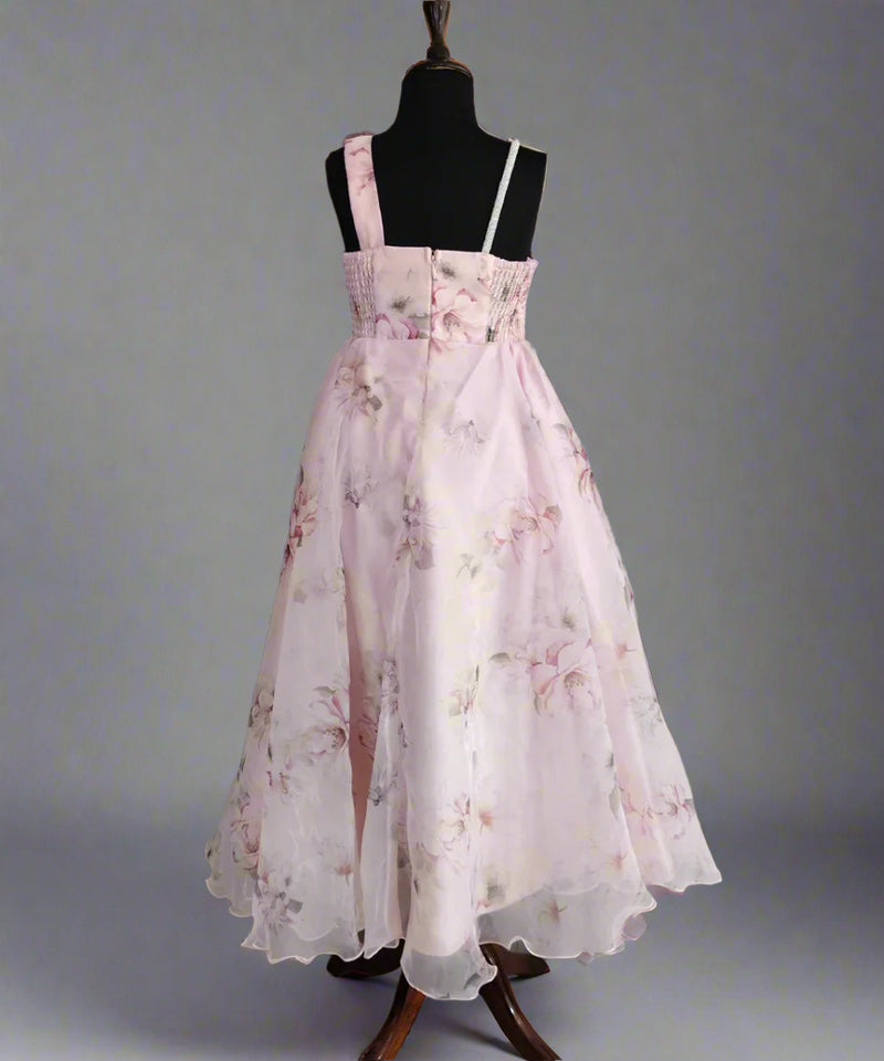 back view of pink floral gown for girls 