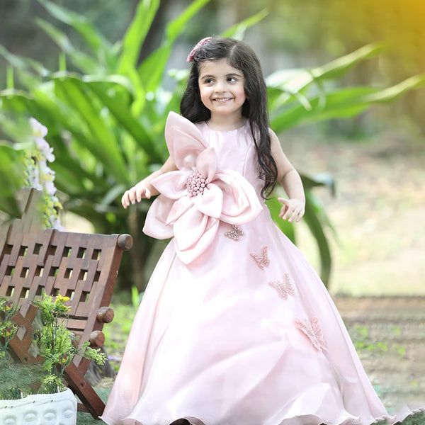 Birthday ball gown for girls in peach shimmer, floral appliqué, full length party wear