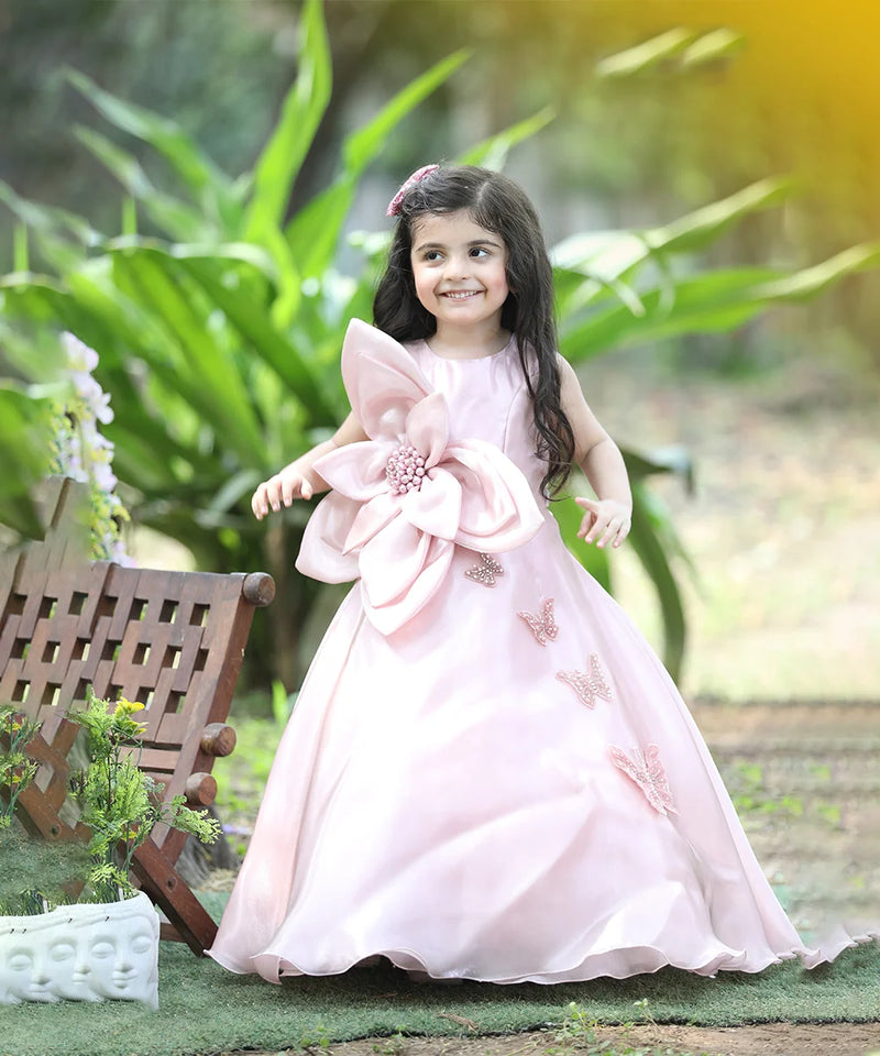 Birthday ball gown for girls in peach shimmer, floral appliqué, full length party wear