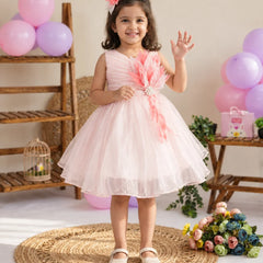 Sleeveless design on light pink net frock for baby girls