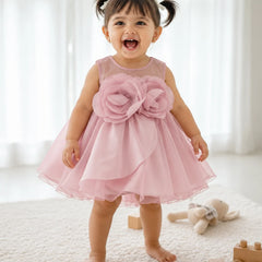 Dusty pink baby girl party frock with 3D flowers and fluffy net skirt