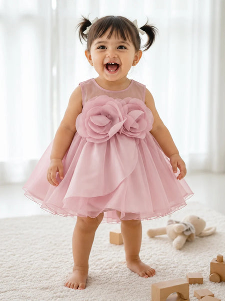 Dusty pink baby girl party frock with 3D flowers and fluffy net skirt
