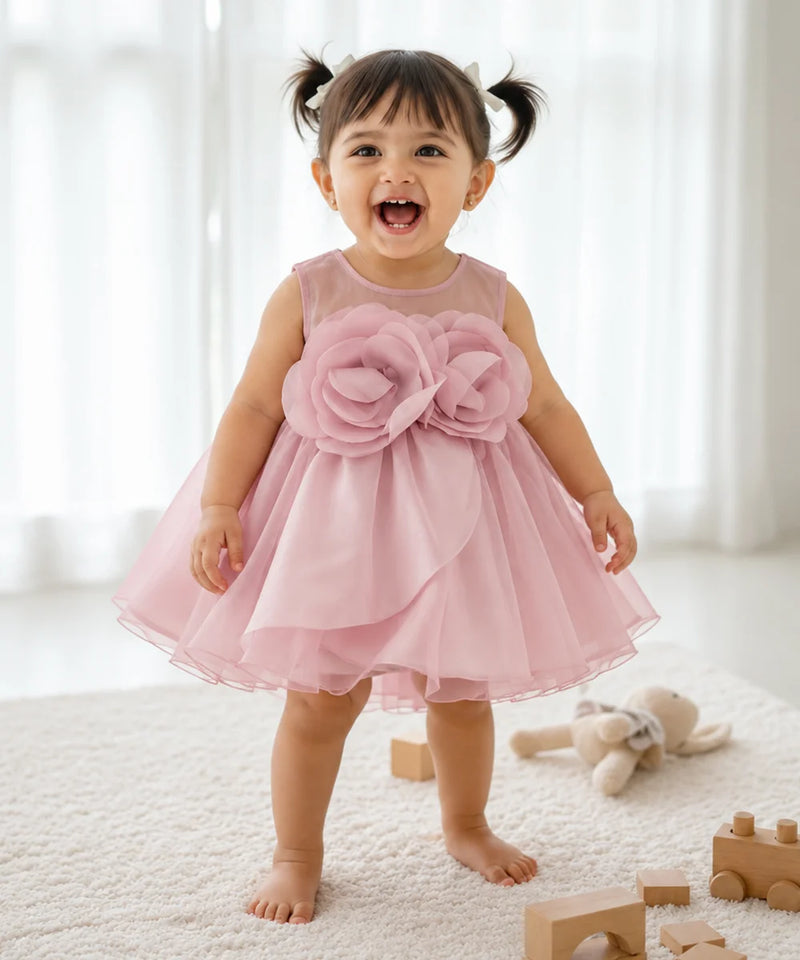 Dusty pink baby girl party frock with 3D flowers and fluffy net skirt